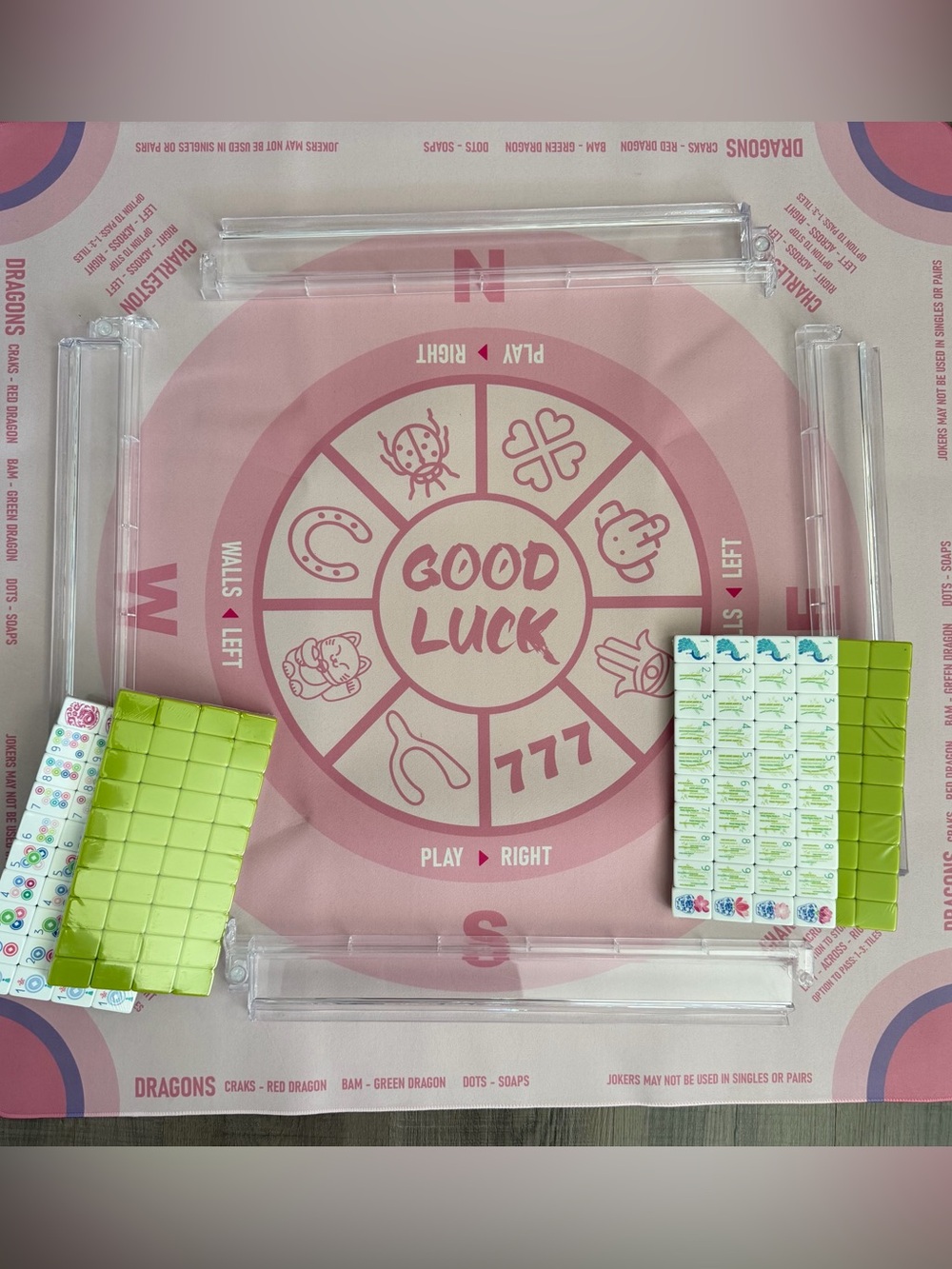 Mahjong Pink and matcha green good luck Mat, tiles and rack set - NEW